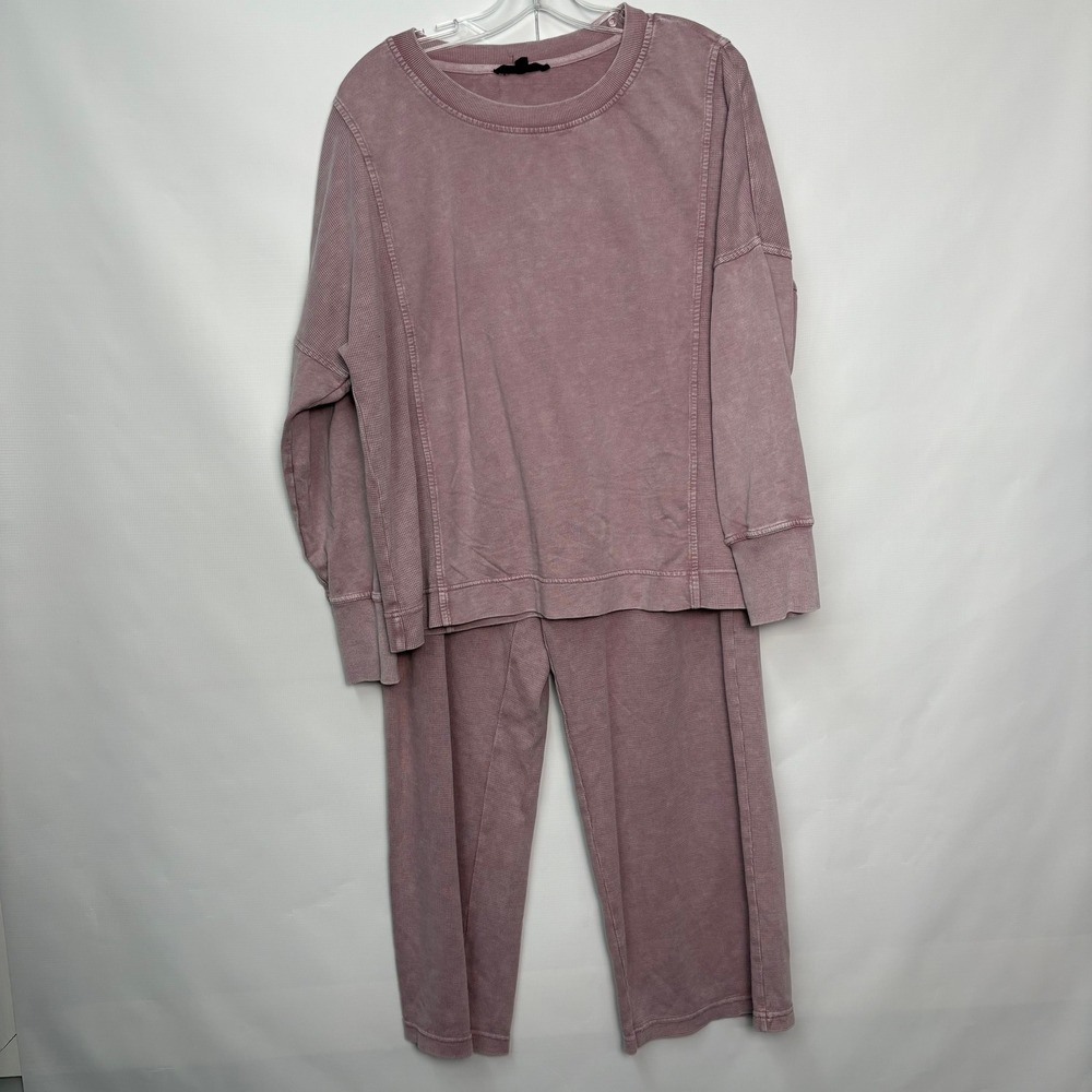 Jane + Delancey Mauve Waffle Knit 2 Pc Lounge Set XL Acid Wash Wide Leg Comfy